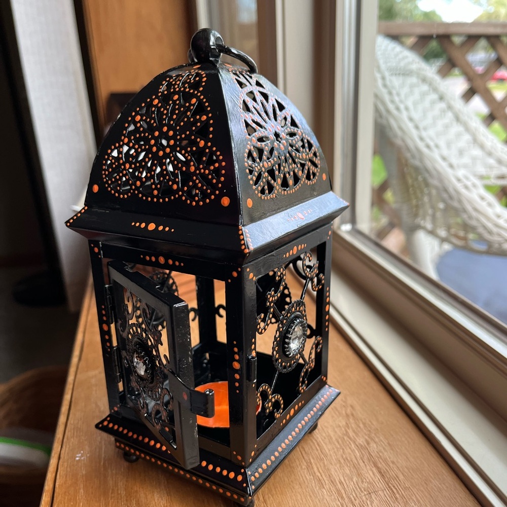 Handpainted Metal Black and Orange Decorative Lantern - Picture 3 of 8